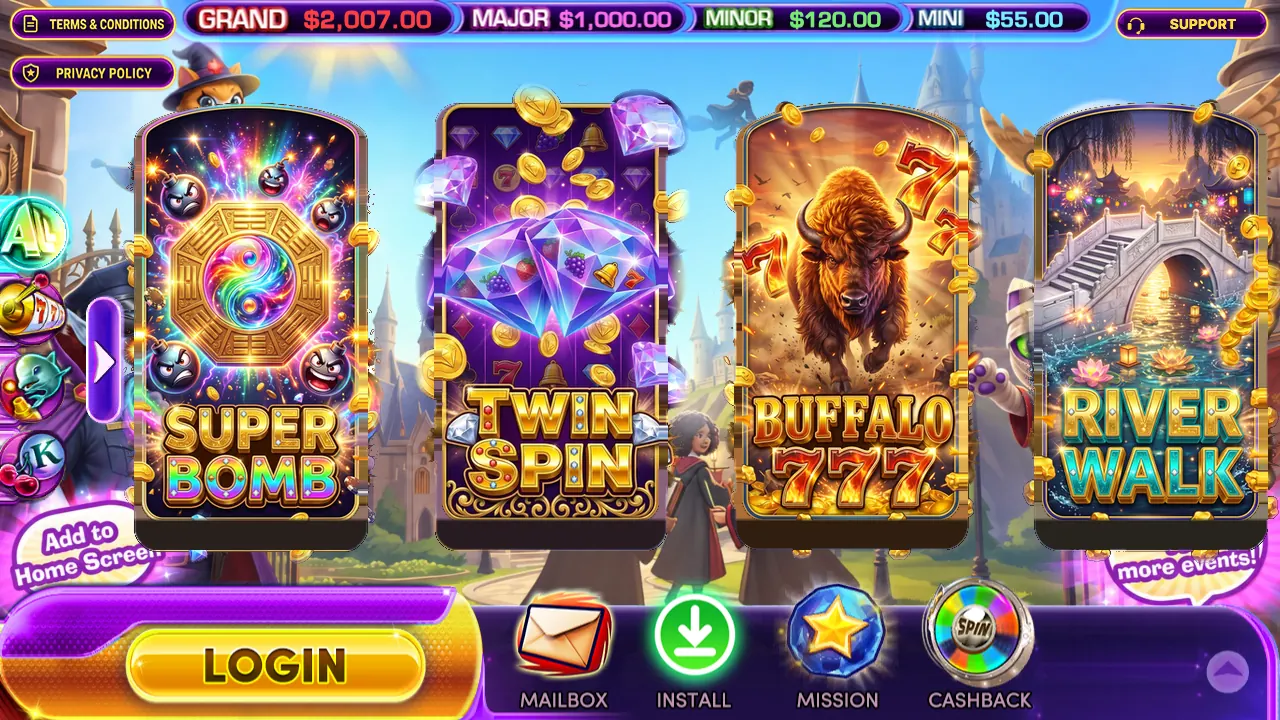 The Automated Golden Dragon lobby: GRAND, MAJOR, MINOR and MINI jackpots at the top, slot games in the middle, LOGIN, MAILBOX, INSTALL, MISSION and CASHBACK at the bottom